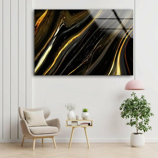 Luxurious black and gold marble glass wall art with a smooth, reflective surface texture.