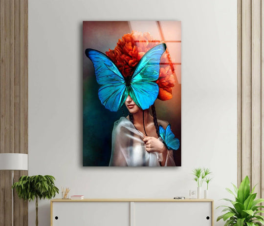 Cool Art glass wall art surreal portrait of a woman and butterfly design plus bold wall decor with vibrant colors
