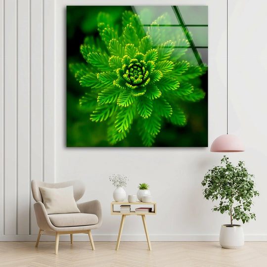 Soft green botanical leaves of this glass printing capture the gentle unfurling of nature.