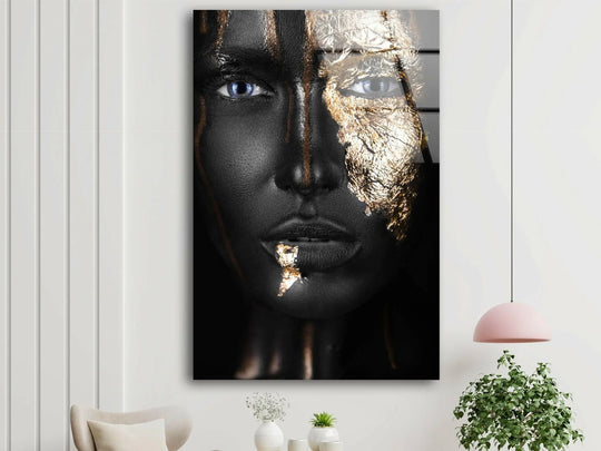 Cool Art showing a woman with black and gold and Black and Gold Woman Glass Wall Art makes modern wall decor for the home