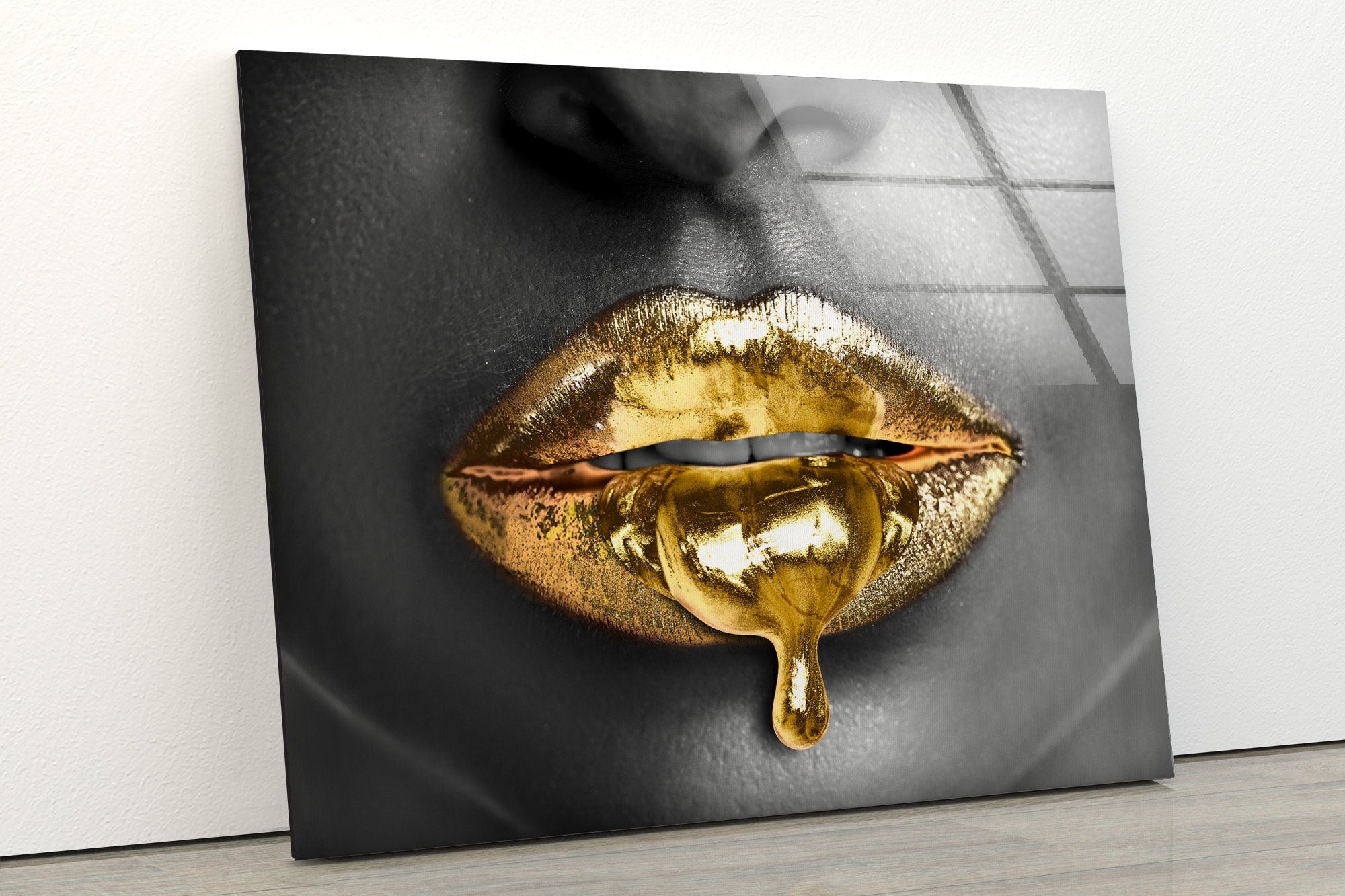 Black Woman Gold Lips Tempered Glass Wall Art