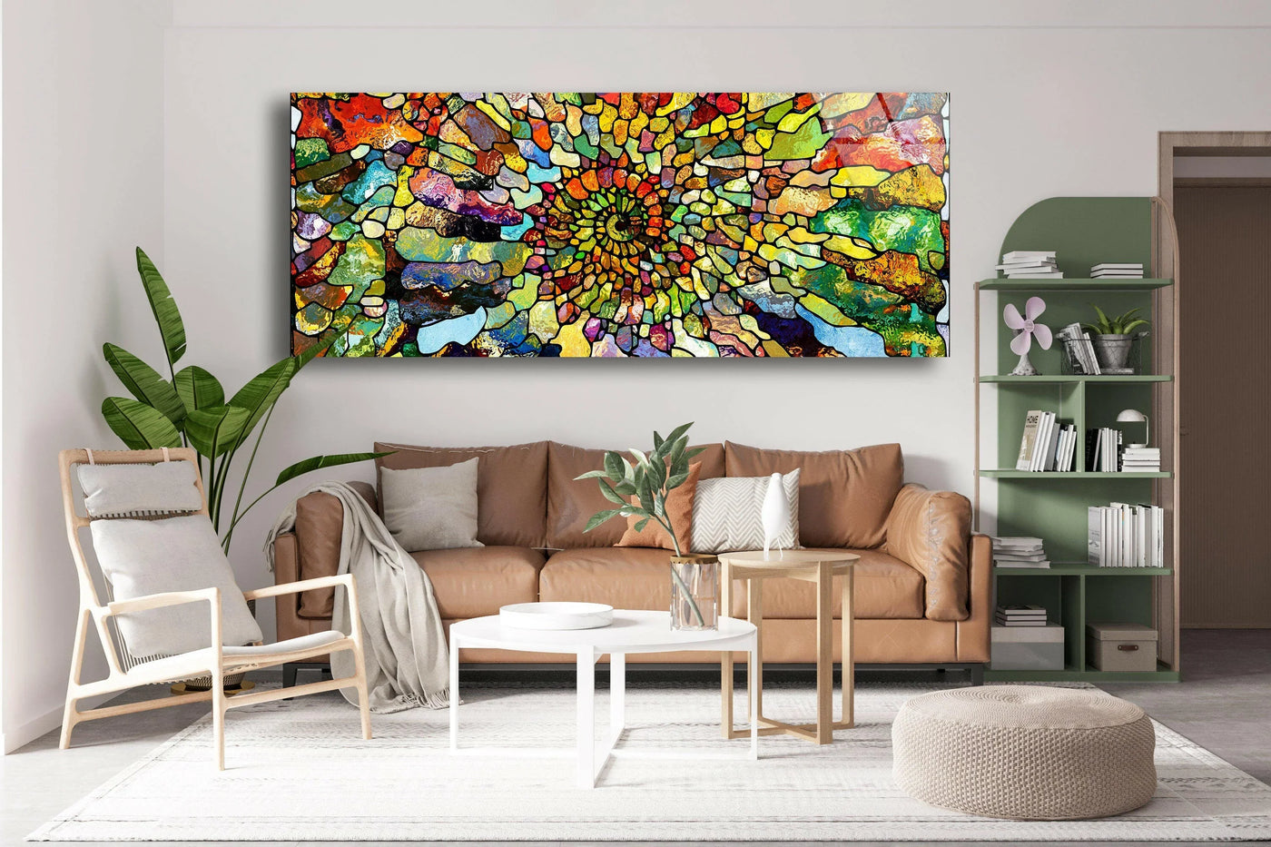 Light filters softly across the abstract stained glass wall artwork, illuminating the inviting living room scene with a harmonious blend of colors.