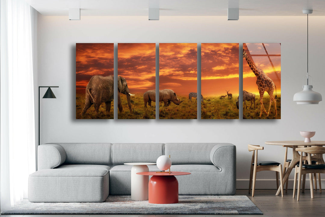 Safari Group Grazing At Sunset Glass Wall Art, art glass wall art, glass wall art pictures