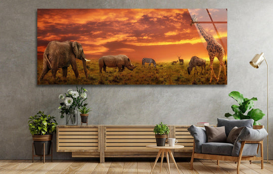 Panoramic glass wall art sunset motif and safari animal scene and wildlife decor