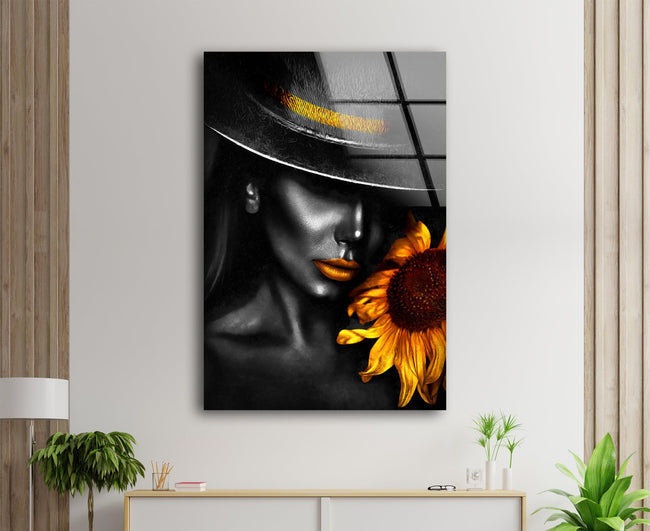 Black Woman and Sunflower Tempered Glass Wall Art