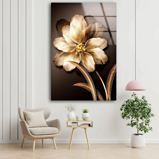 Golden flower glass wall art with a striking transition from deep browns to luminous golds.