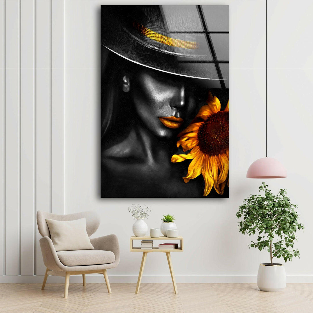 Schwarze Frau und Sonnenblume Glaswandkunst
