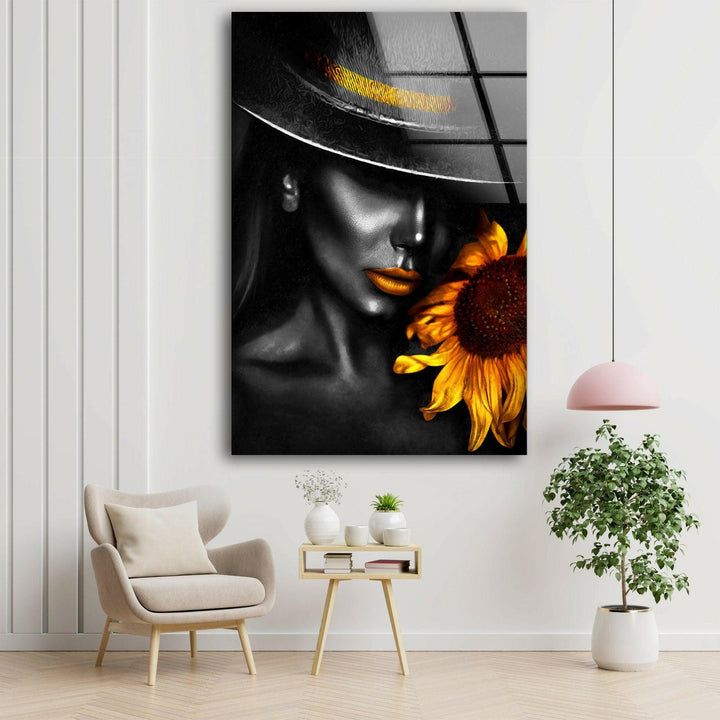 Schwarze Frau und Sonnenblume Glaswandkunst
