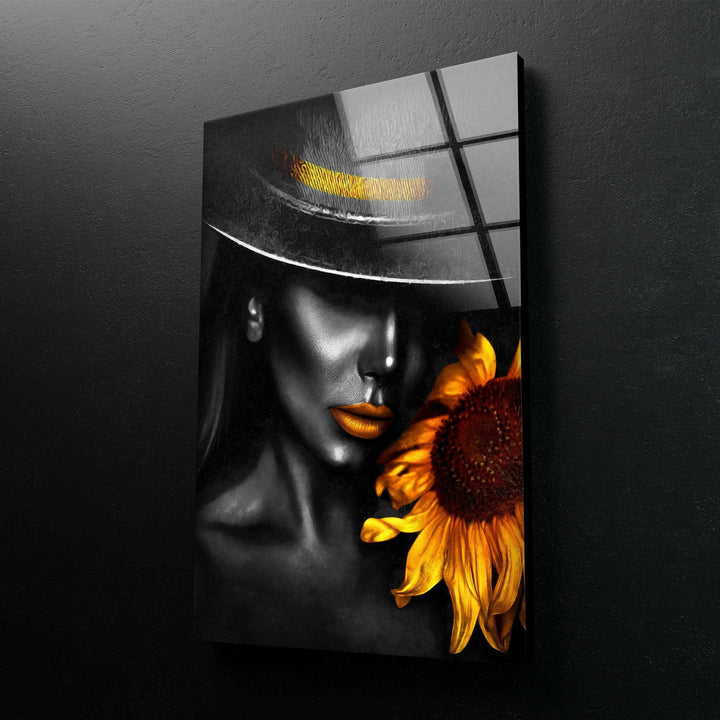 Schwarze Frau und Sonnenblume Glaswandkunst