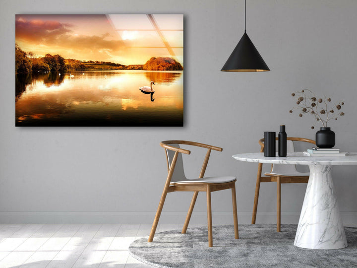 Graceful Swan at Sunset – A Timeless Glass Wall Art Piece
