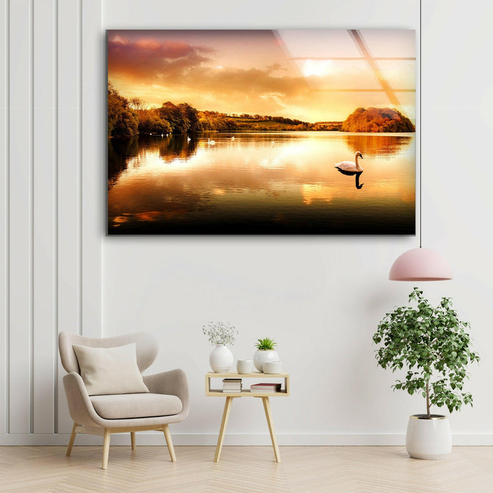 Tranquil Nature Scene with Swan and Sunset – Elegant Glass Decor
