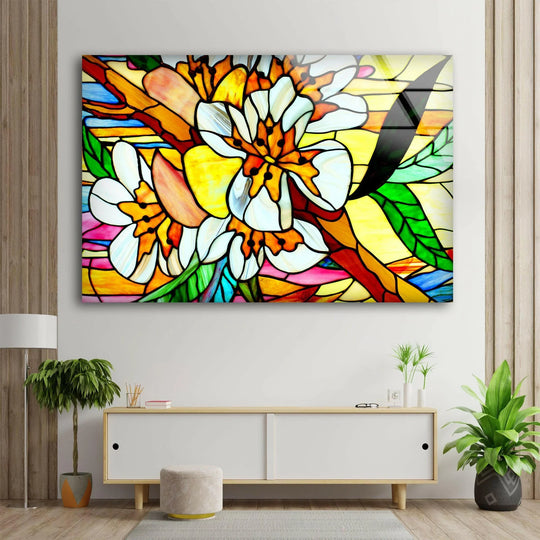 Stunning floral stained-glass window art with ample negative space, creating a striking decorative wall art piece.