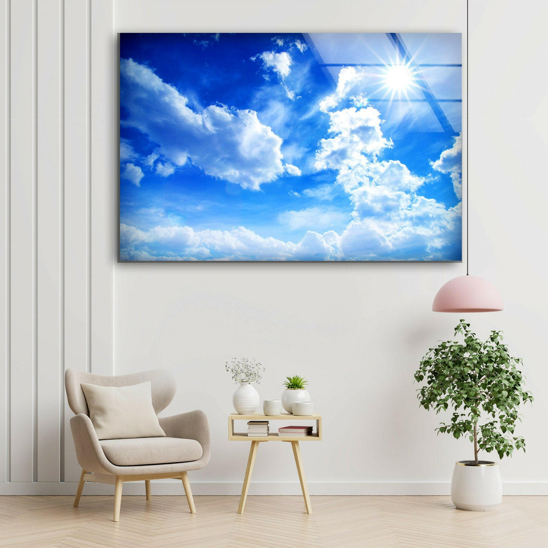 Vivid Blue Sky and White Clouds – A Stunning Nature-Inspired Glass Artwork
