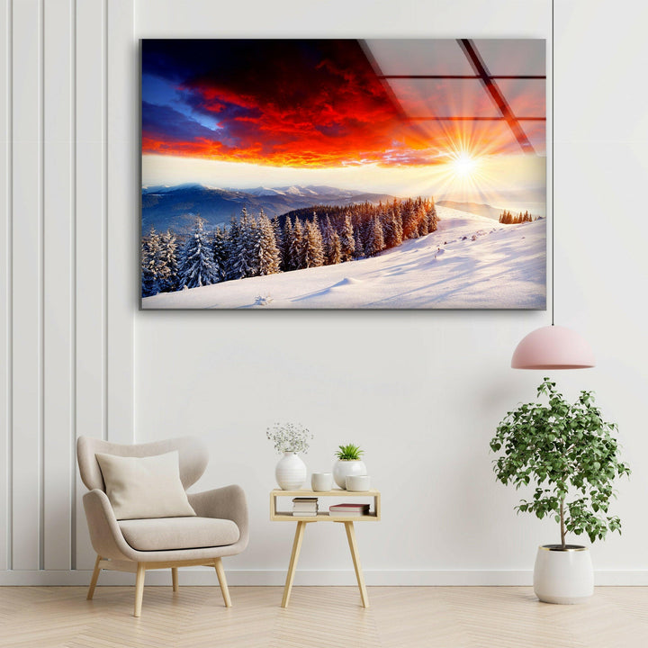 A dramatic sunset illuminating a peaceful alpine snowfield.
