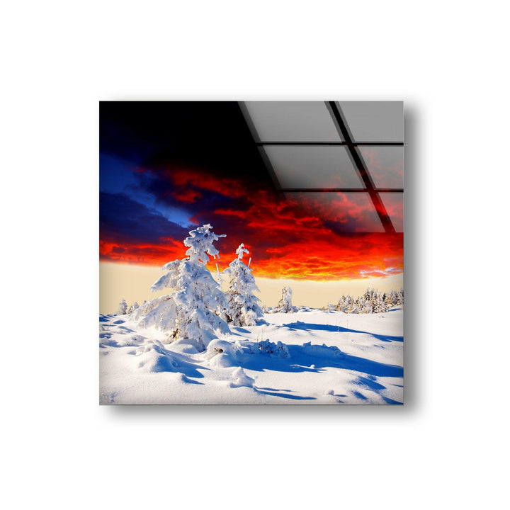 Scenic Winter Sunset Over Snowy Fields – A Must-Have Glass Wall Art
