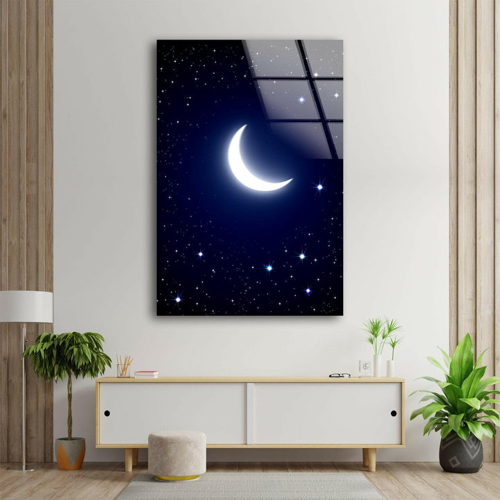 Lunar Glow and Twinkling Stars – A Captivating Glass Wall Art
