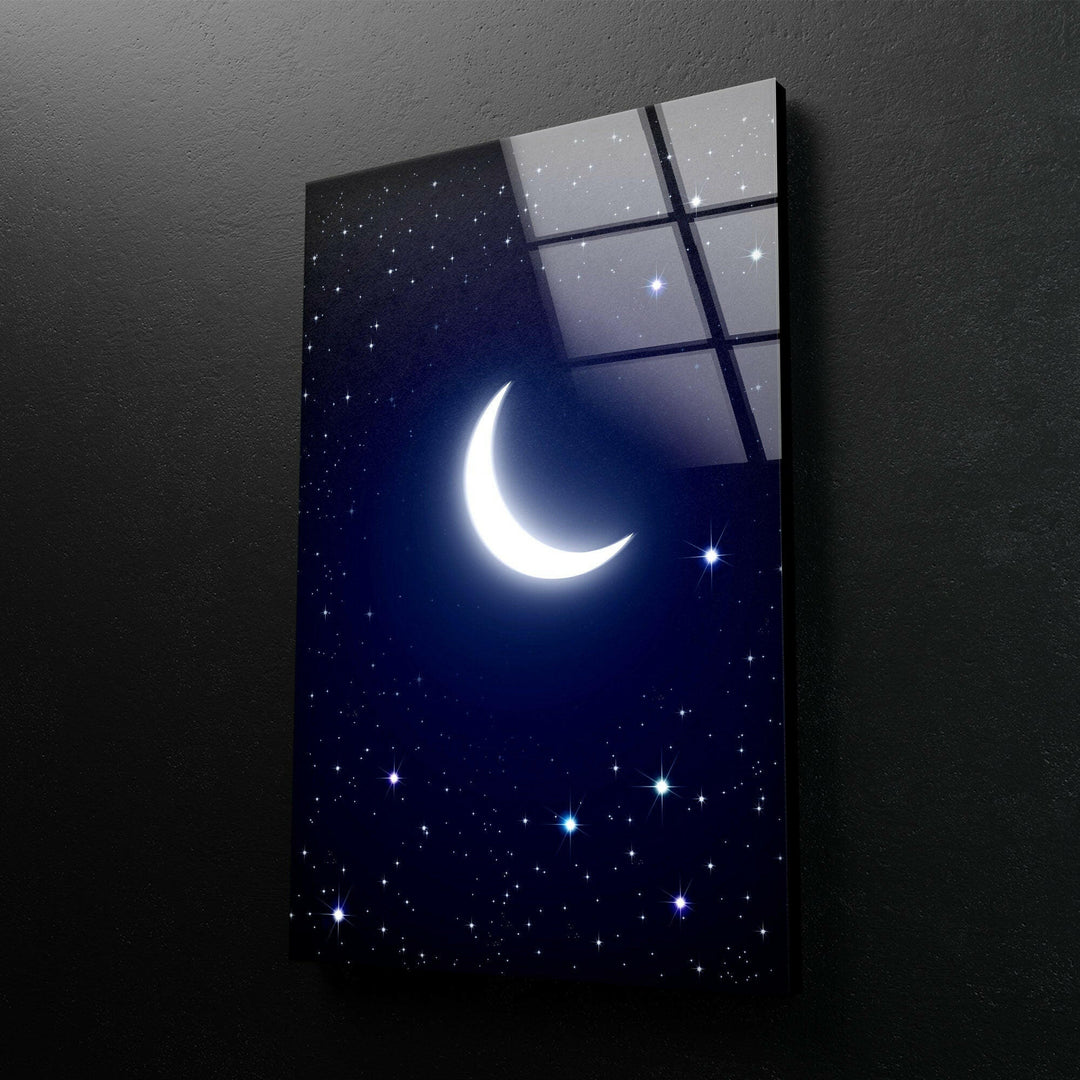 Ethereal Crescent Moon and Starry Sky – A Timeless Glass Wall Art
