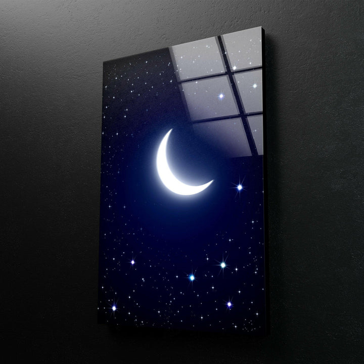 Ethereal Crescent Moon and Starry Sky – A Timeless Glass Wall Art
