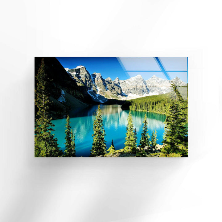 Snow-Capped Peaks and Reflective Mountain Lake – A Stunning Glass Decor
