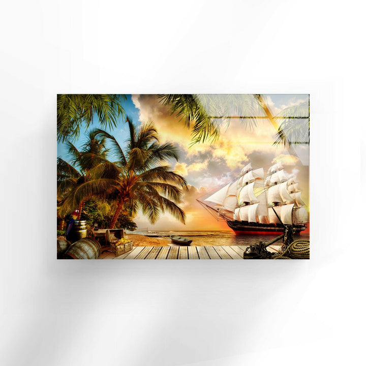 A vibrant coastal scene featuring a historic sailing ship anchored near a serene tropical shore.
