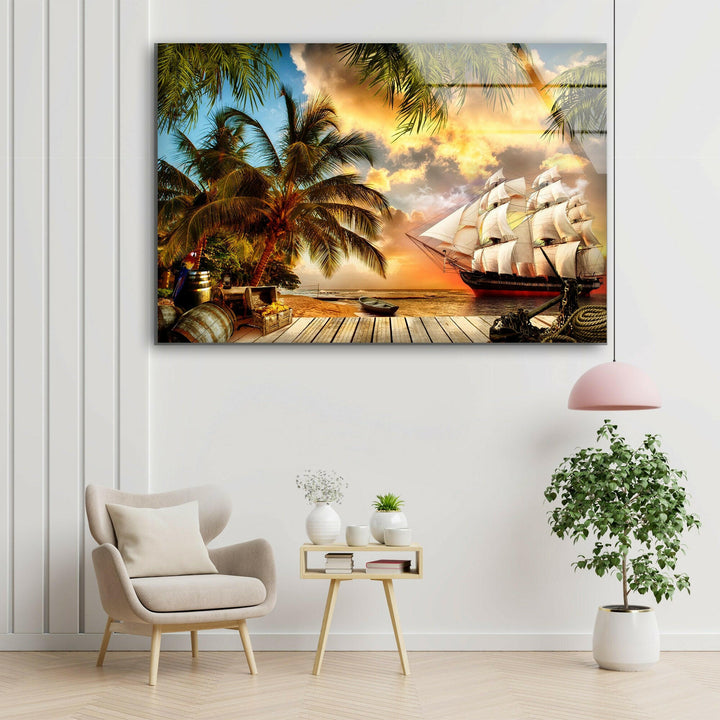 A tropical adventure captured in glass wall art, showcasing a pirate ship under a golden sky.
