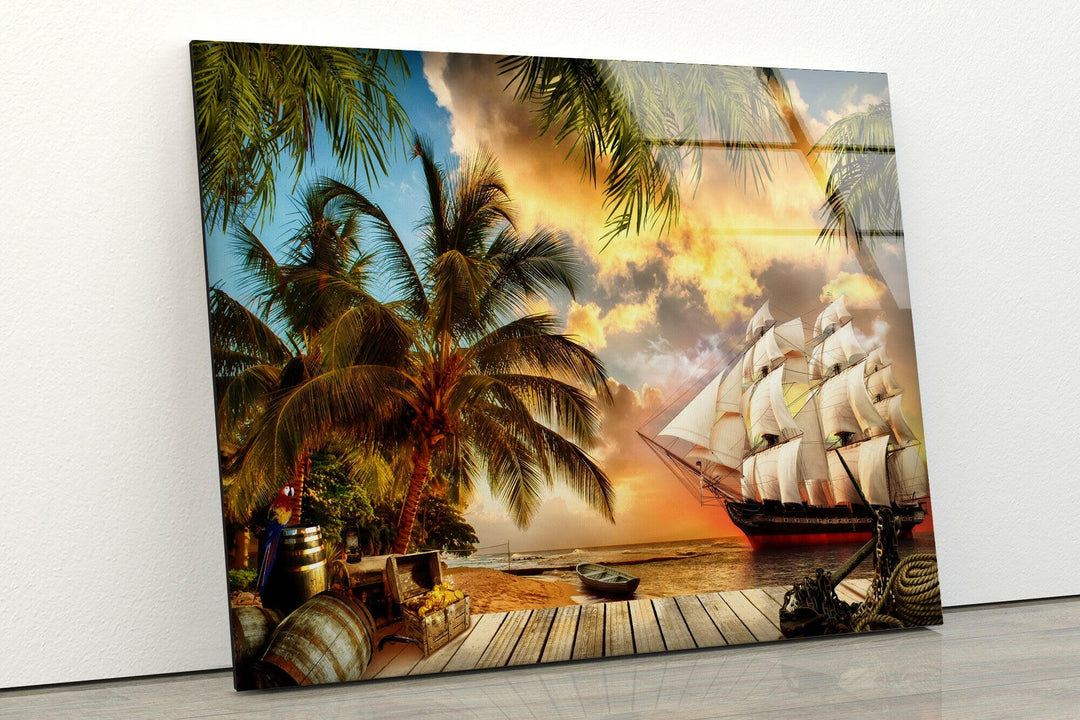 A scenic view of a Caribbean sunset with a historic pirate ship and palm-lined beach.
