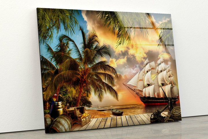 A scenic view of a Caribbean sunset with a historic pirate ship and palm-lined beach.
