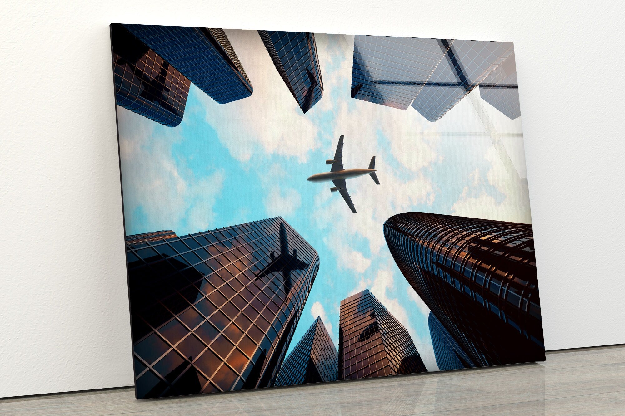 City Photo and Plane Tempered Glass Wall Art