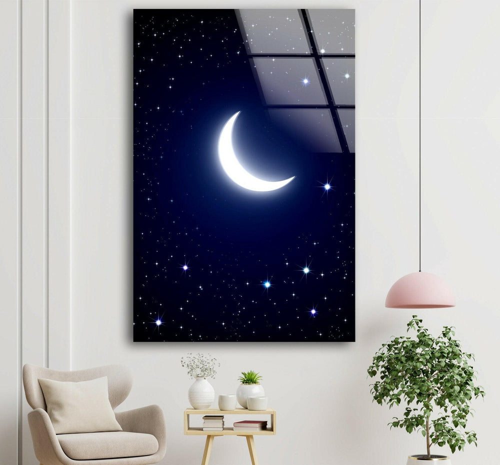 Night Sky with Crescent Moon – A Serene and Dreamy Glass Print
