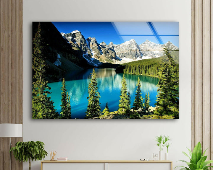 Pristine Alpine Lake with Towering Mountains – A Captivating Glass Artwork
