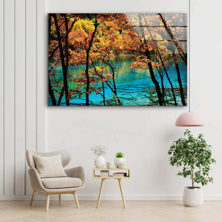 Fall Foliage and Clear Lake View – A Mesmerizing Glass Wall Art Piece
