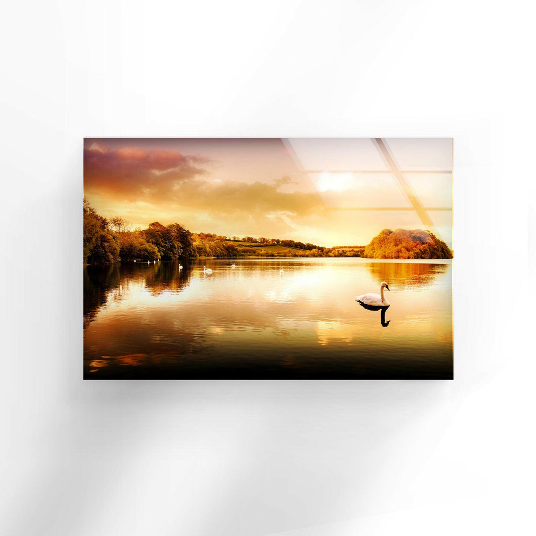 Golden Sunset Over the Lake – A Breathtaking Glass Artwork
