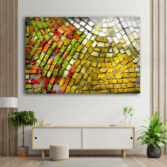 Vibrant mosaic bricks abstract glass art painting showcases textured glass with luminous color depth and high-quality UV printing.