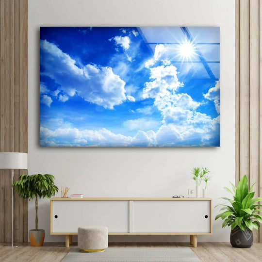 Radiant Sky and Soft Clouds – A Calming Nature Scene on Glass
