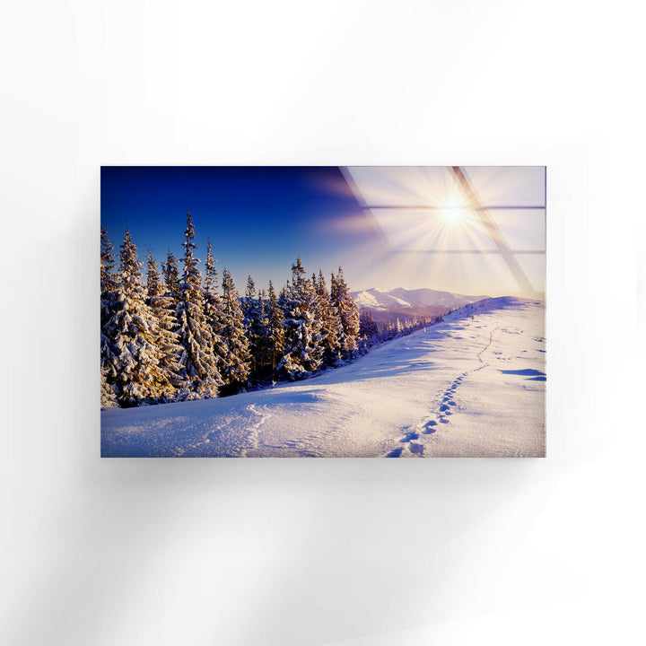 Glowing Sun Over a White Winter Scene – A Striking Glass Print
