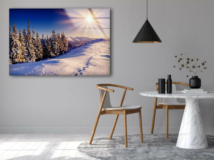 Sunset Over a Snowy Forest – A Stunning Nature-Inspired Glass Print
