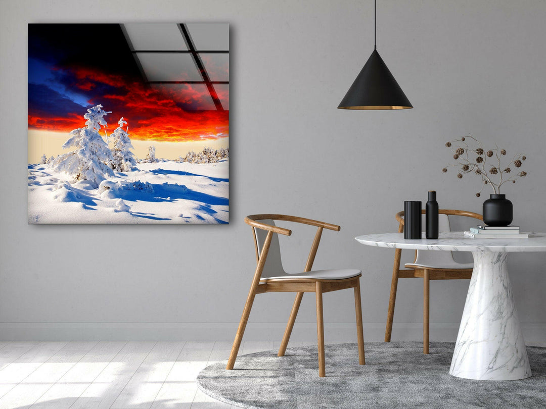 Breathtaking Snowy Scene at Dusk – A Timeless Glass Print

