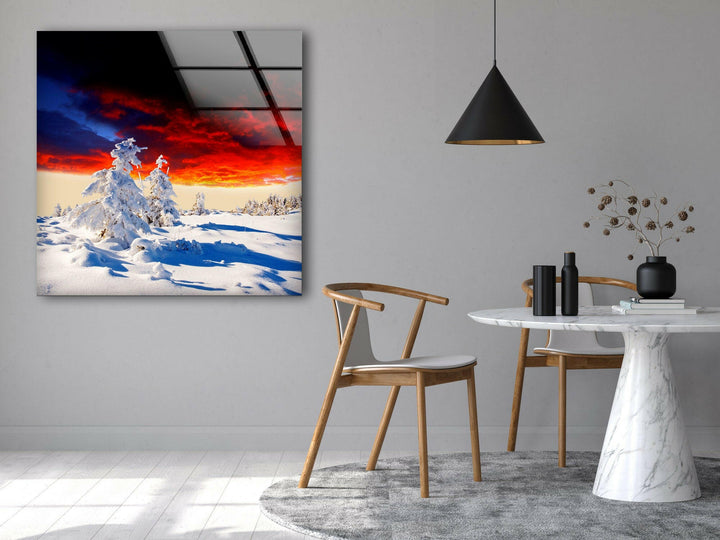 Breathtaking Snowy Scene at Dusk – A Timeless Glass Print
