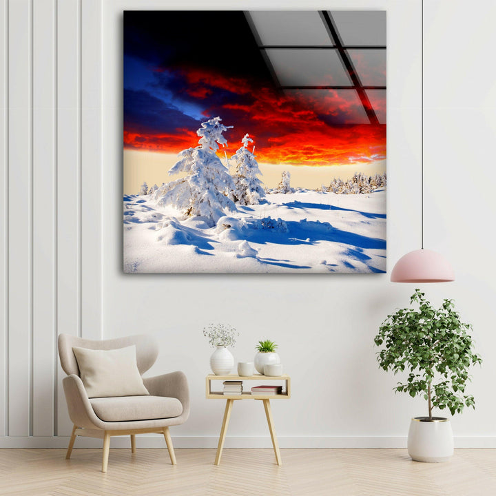 Winter Wonderland with a Sunset Glow – A Captivating Glass Print
