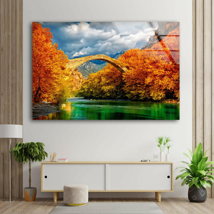 Fall Foliage & Historic Bridge – A Tranquil Nature Artwork on Glass
