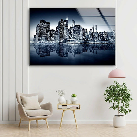 New York City Downtown glass wall art showcases a stunning city skyline and reflective water with a modern aesthetic and horizontal orientation for living room decor
