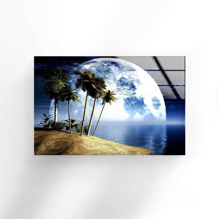 Large tropical landscape wall print displaying a moonlit paradise by the sea.
