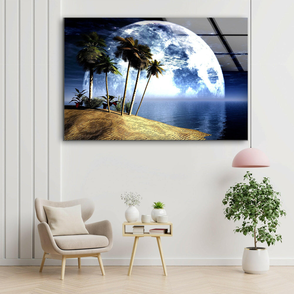 Dreamy ocean escape wall art showcasing a serene beach bathed in moonlight.
