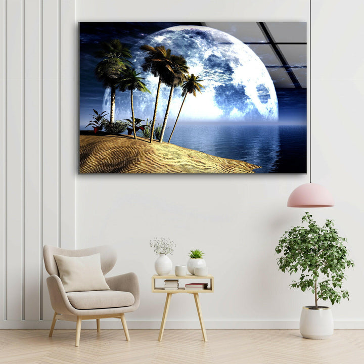 Dreamy ocean escape wall art showcasing a serene beach bathed in moonlight.
