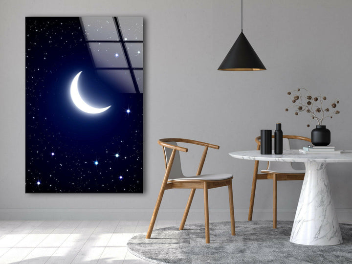 Celestial Harmony: Crescent Moon and Stars on Glass Wall Art
