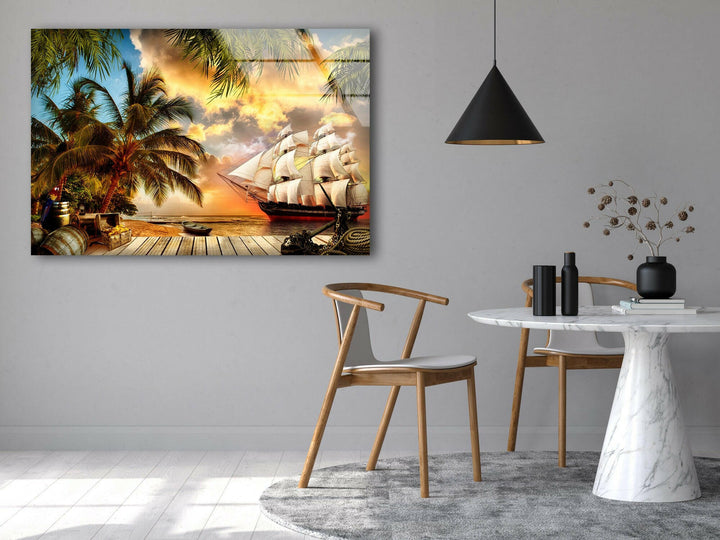 A vintage pirate ship resting near a wooden pier, framed by a golden sunset and tropical scenery.
