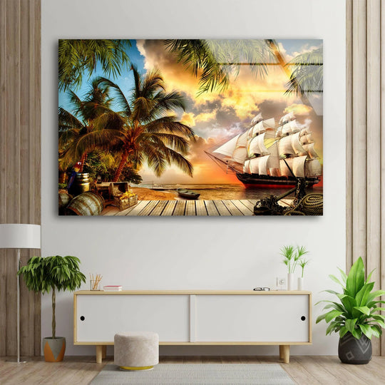Captured in the darkest area, the pirate ship's hull contrasts with the golden sunset in this tropical adventure glass wall artwork print.