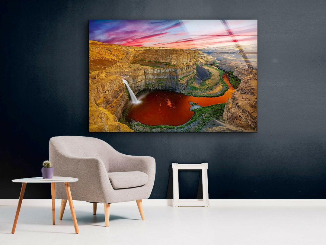 High-resolution glass wall art of a majestic canyon at sunset.
