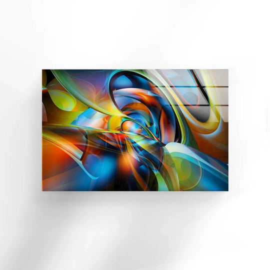 Abstract glass print wall art where light and shadow play across vibrant, futuristic curves of color.