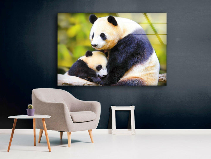 Panda Family Glass Wall Art glass art painting, glass art for the Wall